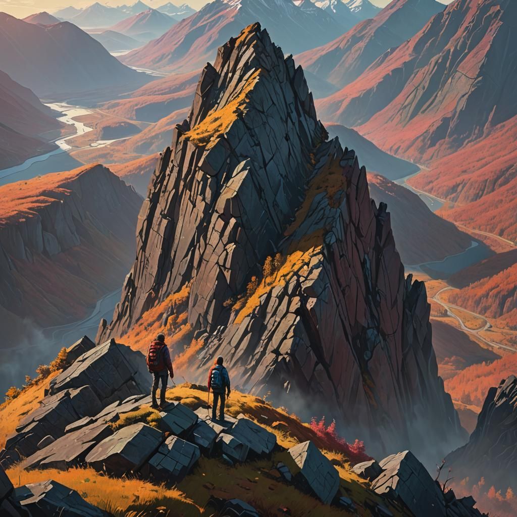 Mountain Peak Figure in Atmospheric Style