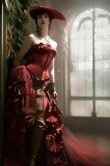 Woman in Red Dress in Ominous Greenhouse