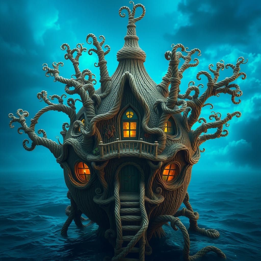 Majestic Rope House in Vibrant, Dreamlike Landscape