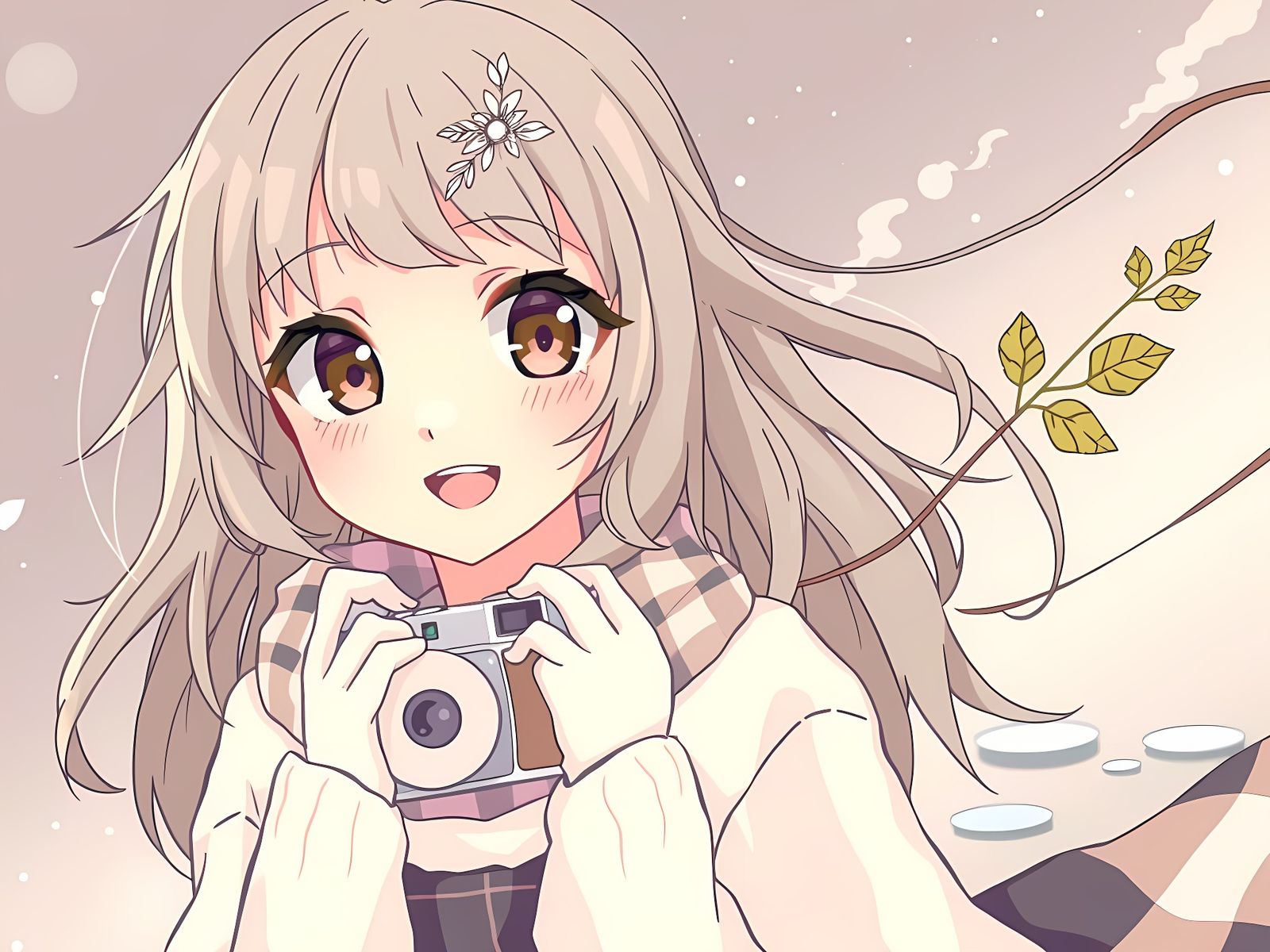 Happy Anime Girl with Camera in Impressionistic Style