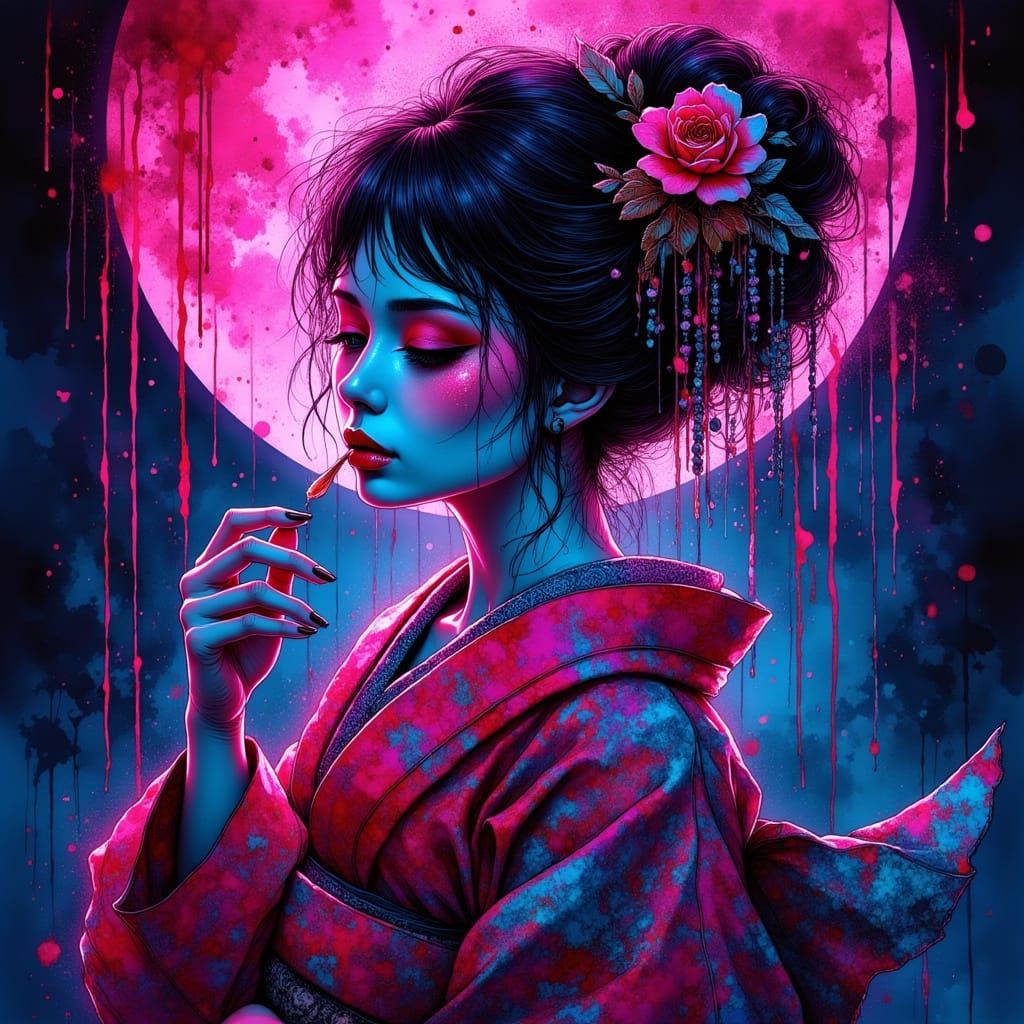 Geisha in Neon Ukiyo-e Dreamscape
