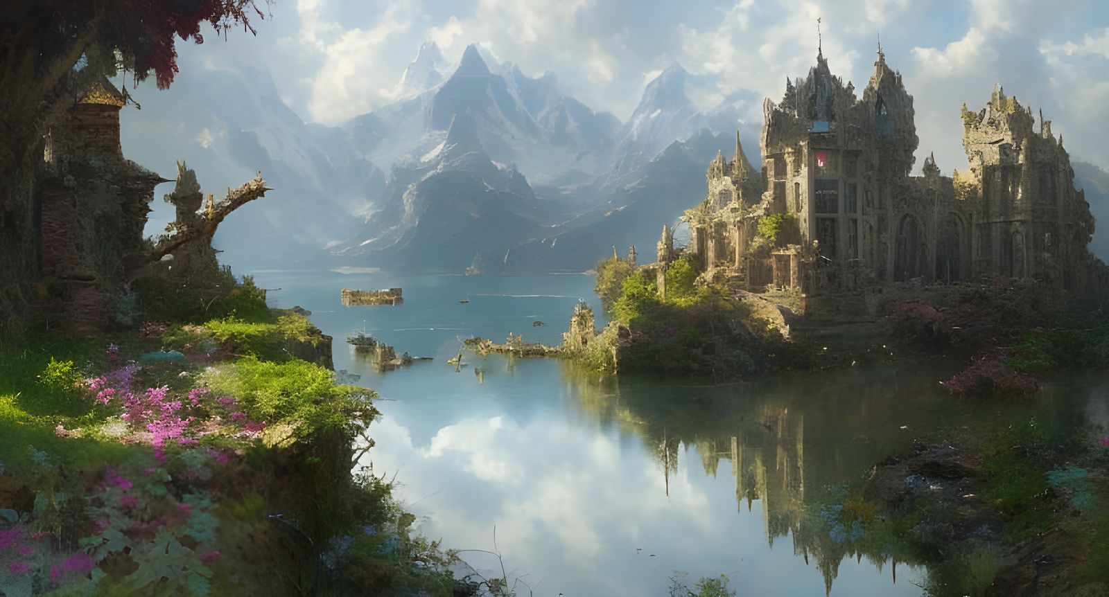 Majestic Ruin Castle Overlooking Lake