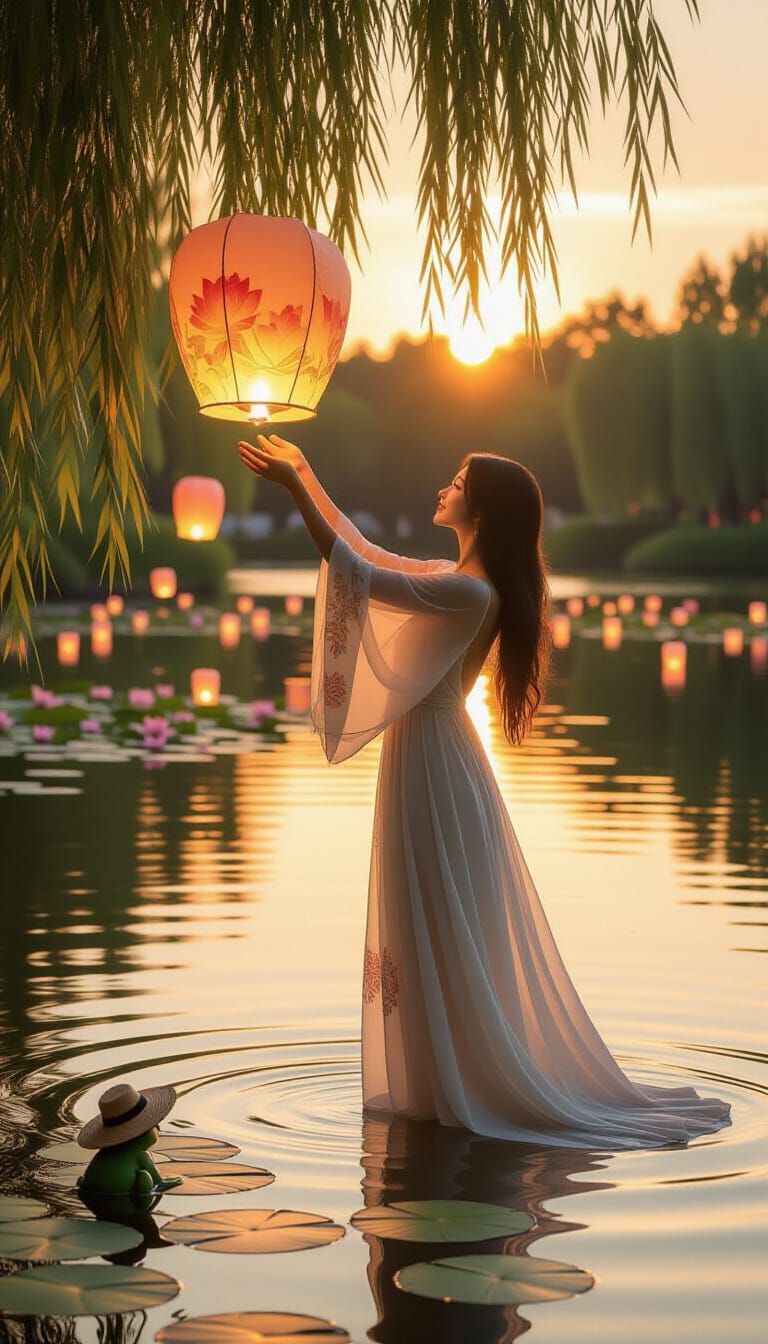 Elegant Figure Releases Glowing Lanterns on Serene Lake
