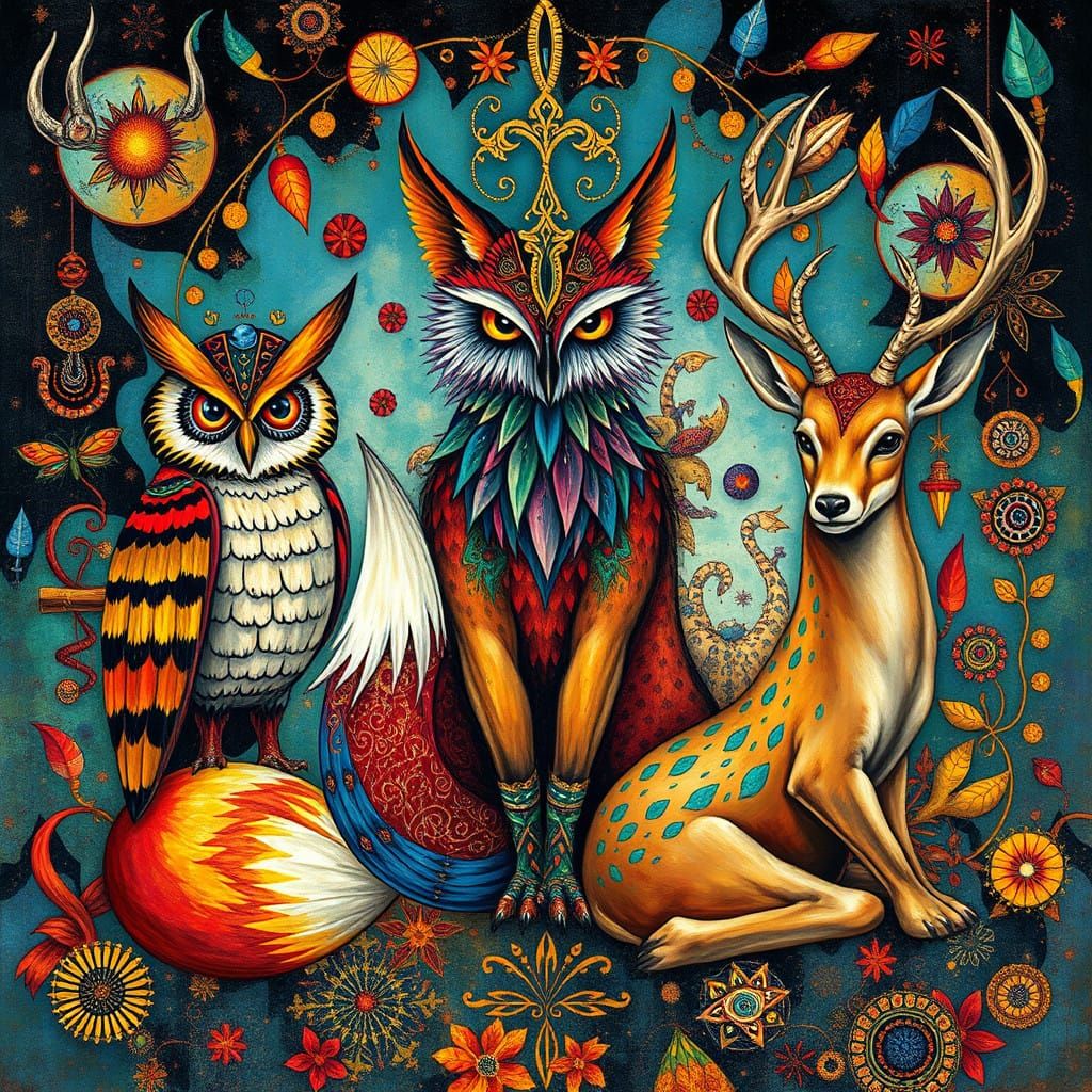 Whimsical Totemic Gathering in Vibrant Gouache and Fractal G...