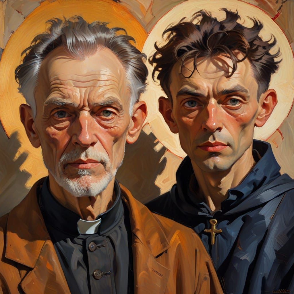 Old Priest & Handsome Devil in Expressionist Style