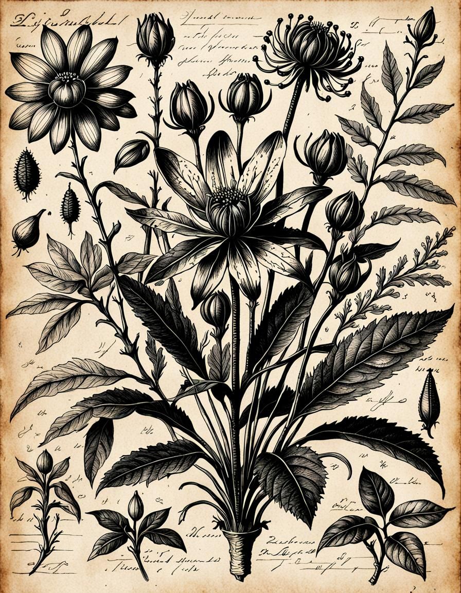Botanical Ink Drawing on Parchment: Victorian Style