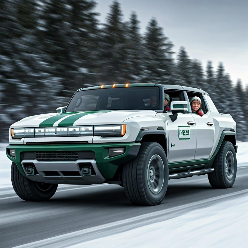 Retro-Futuristic Hess Truck Hummer EV Speeds Along Snowy Win...