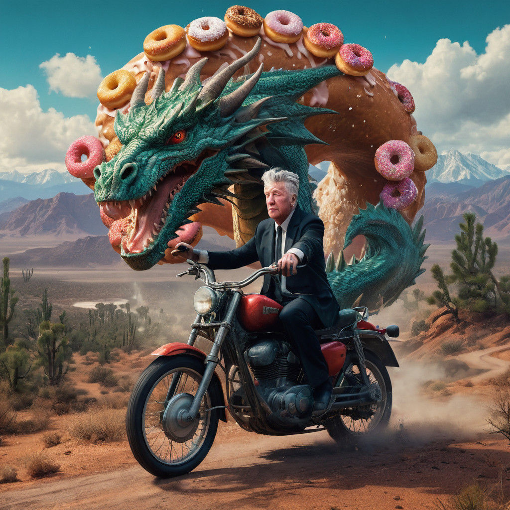 David Lynch Riding a Dragon in a Desert Storm with Donuts