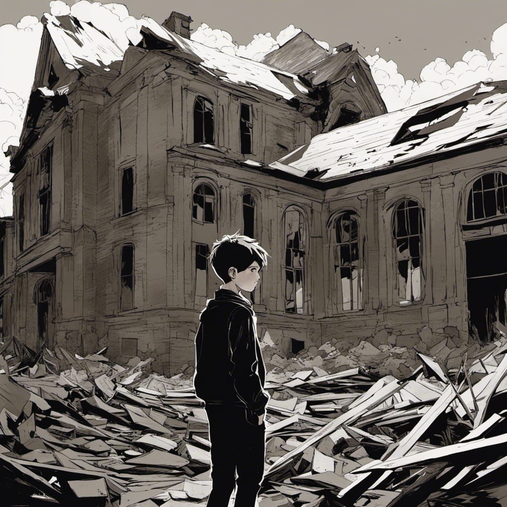 Melancholy Boy at Abandoned School, Gothic Illustration