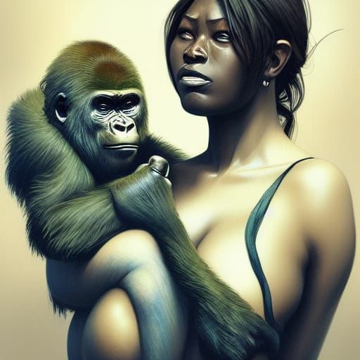 Gorilla Mother and Baby Portrait in Art Nouveau Style