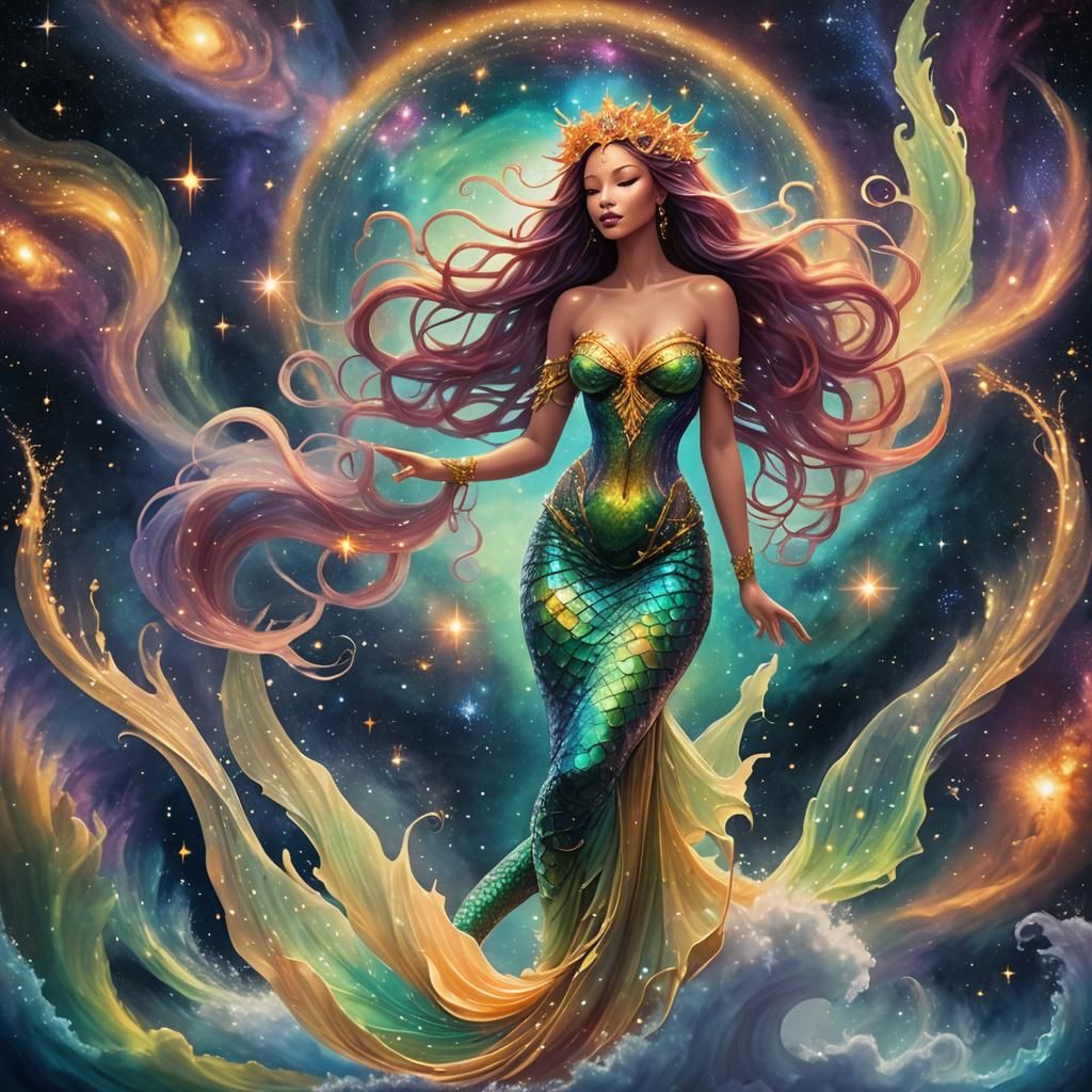 Celestial Mermaid Goddess in Radiant Nebula