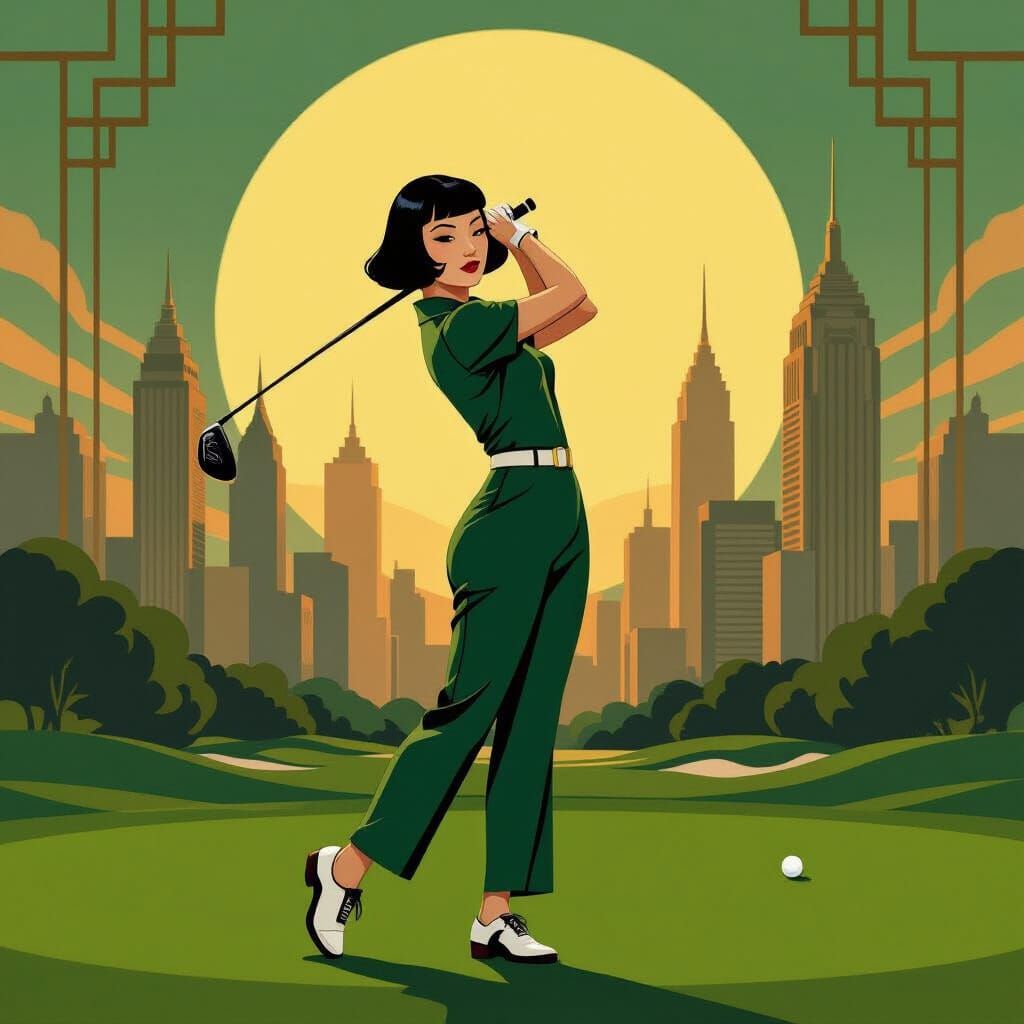 Art Deco Golfer on Lush Course at Sunset