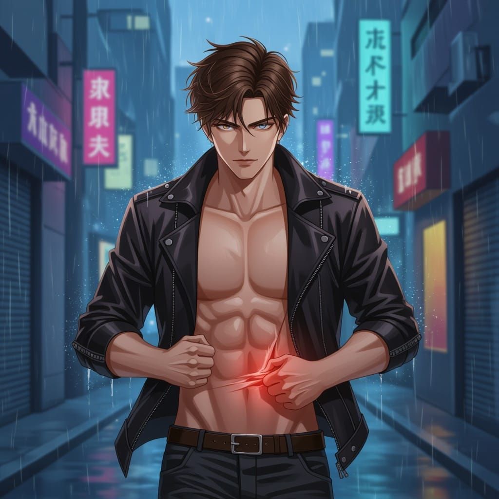 Manhwa Character Running in Rainy Future City Alley