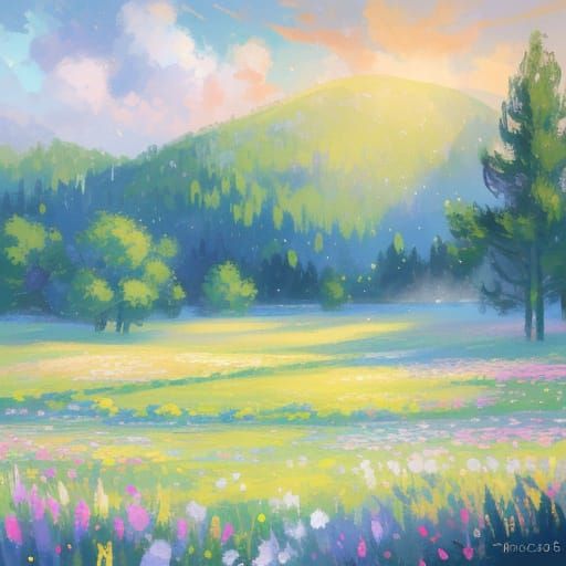 Digital Masterpiece: Vibrant Landscape with Swirling Words