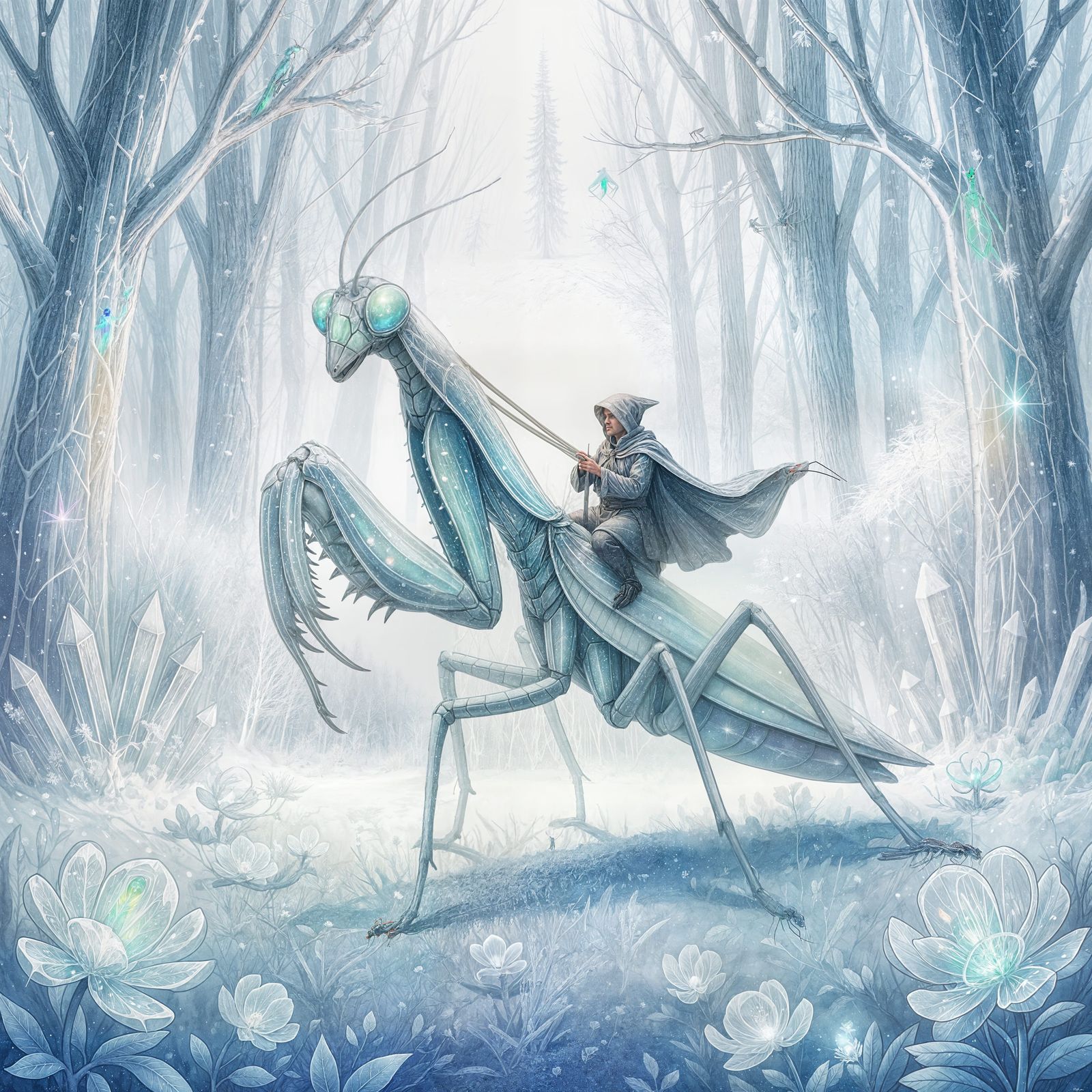 Giant Bioluminescent Mantis in Surreal Frozen Forest