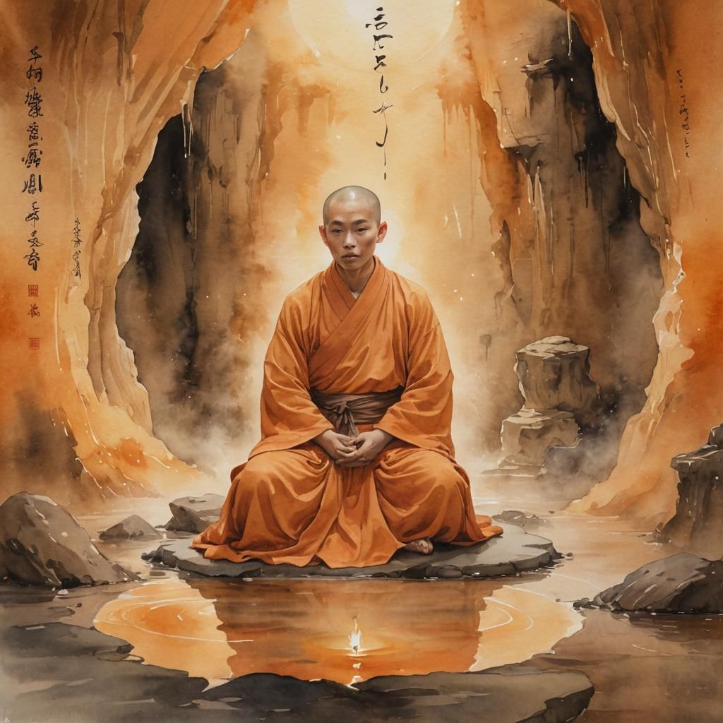 Serene Monk Meditating in Oriental Watercolor