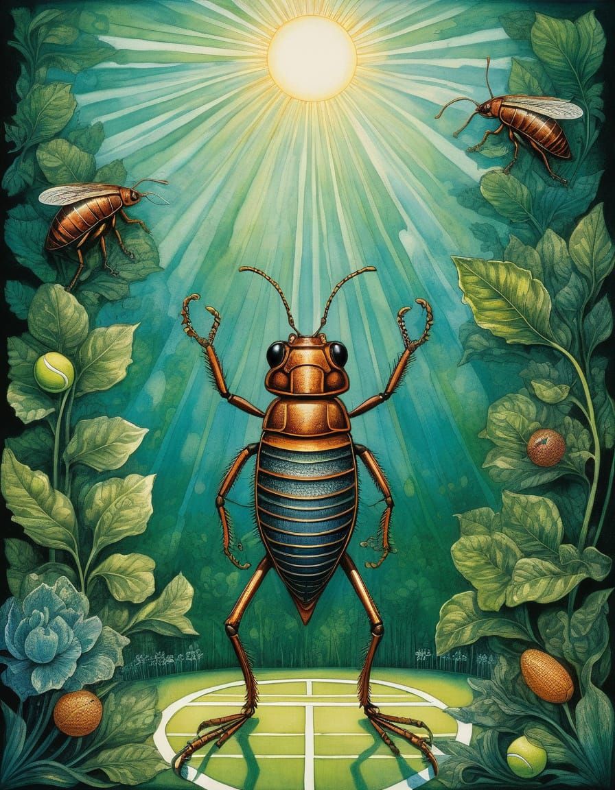 Whimsical Cucaracha Tennis Scene in Naive Art Style