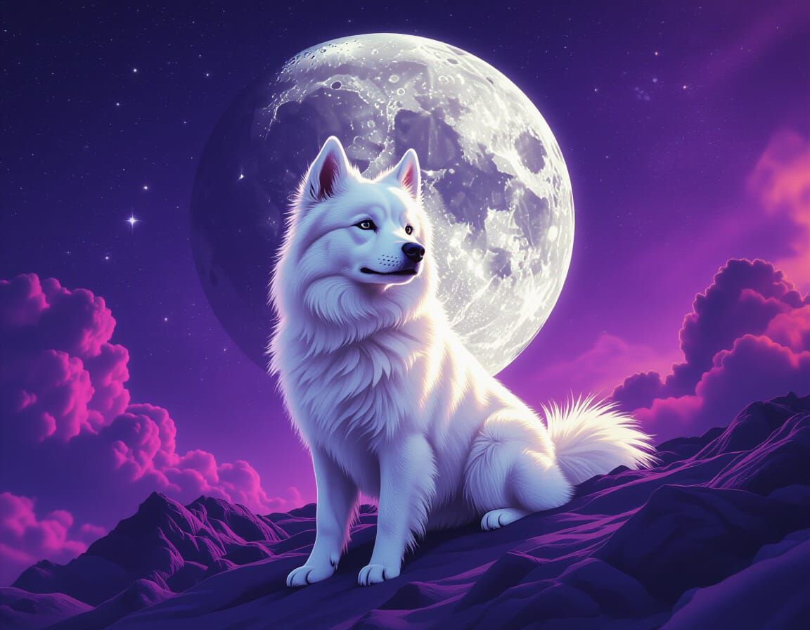 A white dog and the moon