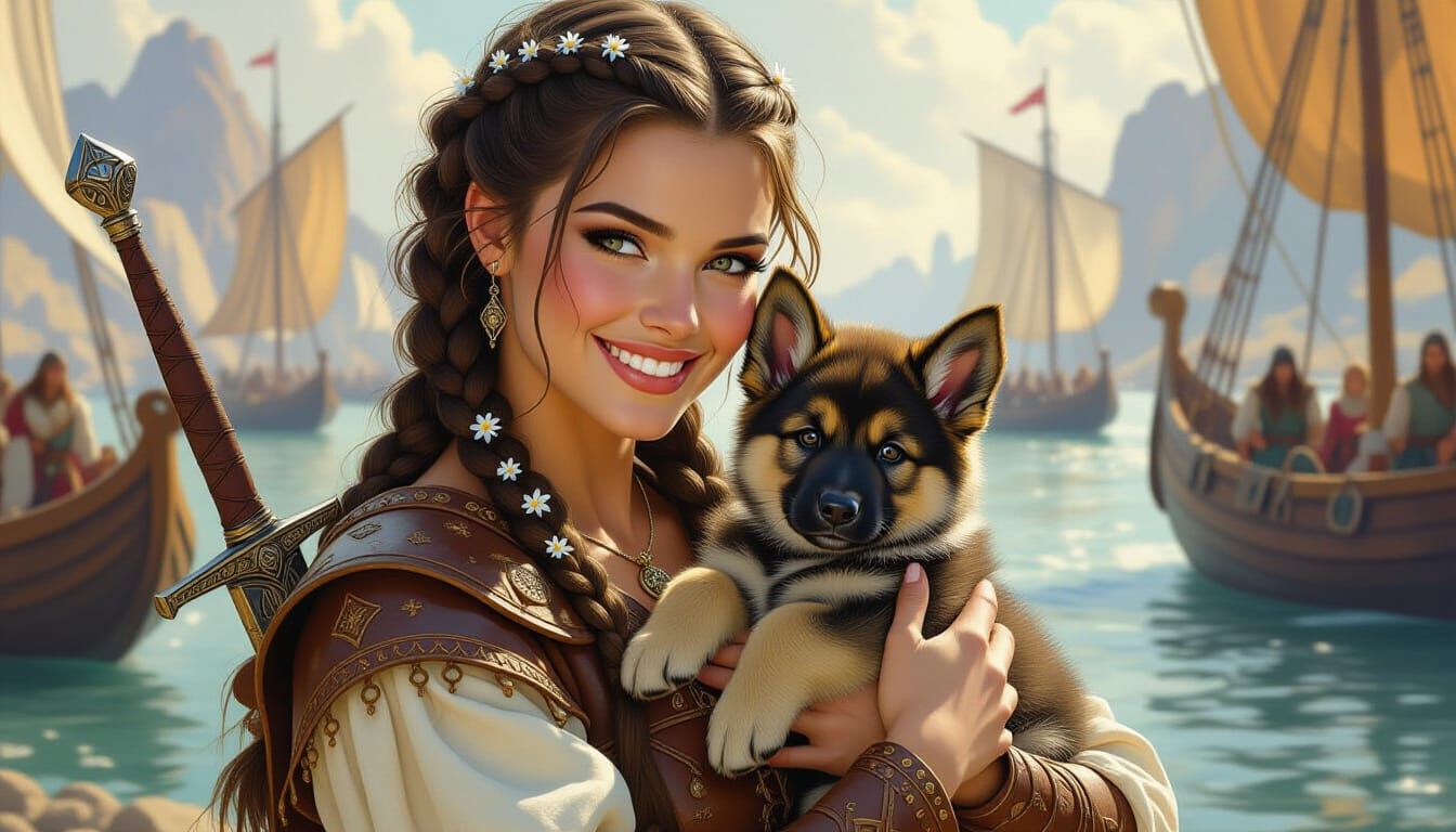 Viking Woman Smiles with Edelweiss and Puppy