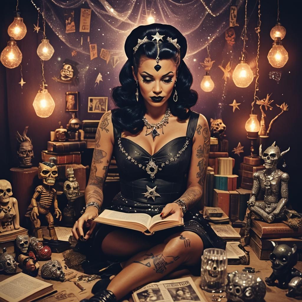 Vintage Pinup Witch Doctor Reading a Spellbook
