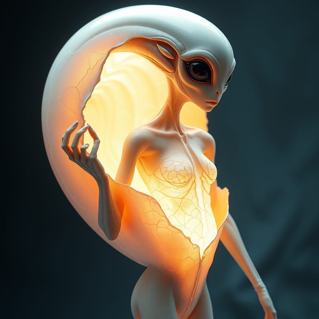 Ethereal Alien Goddess Emerges from Cosmic Shell