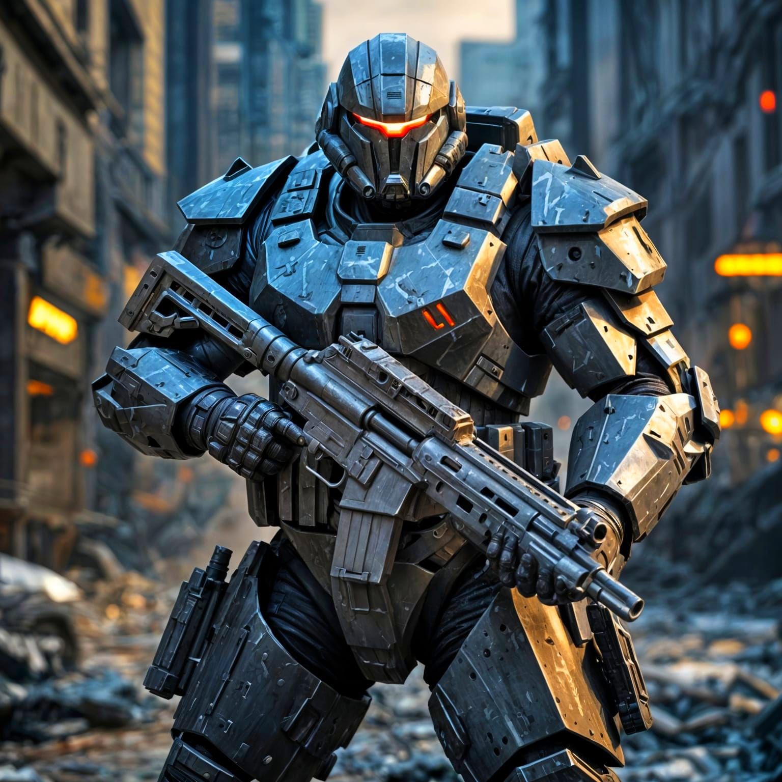 Futuristic Steel Legion Soldier in Ruined City