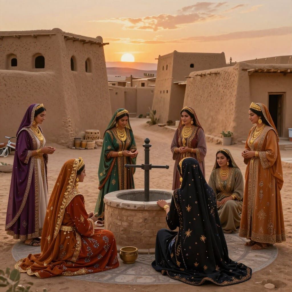 Arabian Village Women in Traditional Attire at Sunset