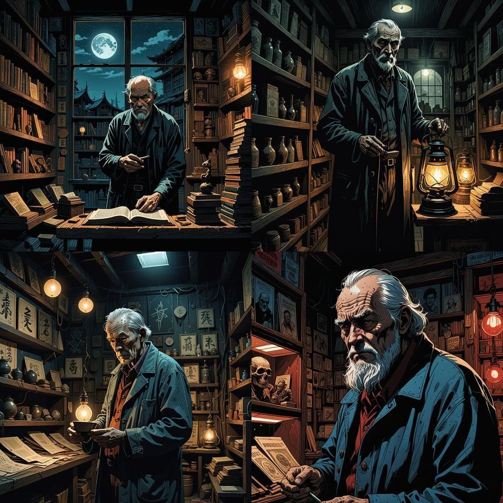 Sad Man in Occult Store: Comic Book Art Style