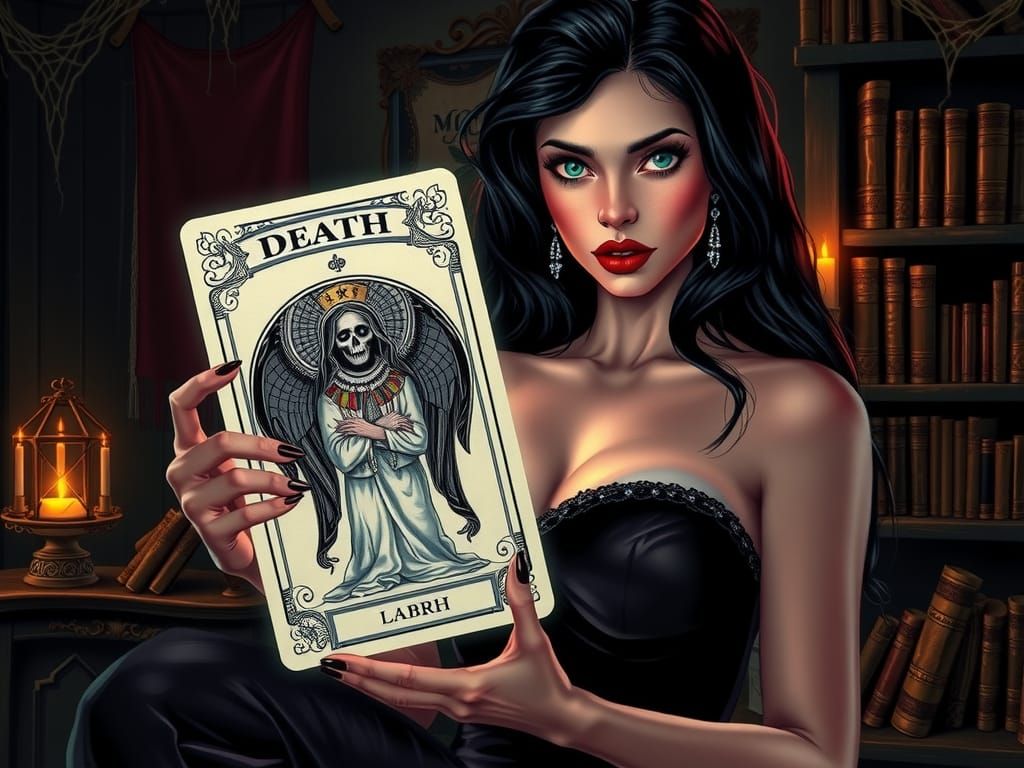 Mystical Witch with Death Tarot Card in Comic Style