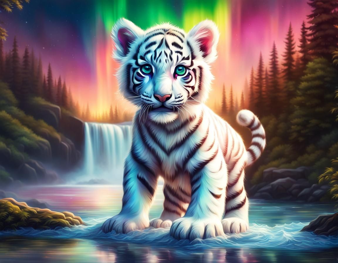 White Tiger Cub Under Northern Lights, Hyperrealistic Photog...