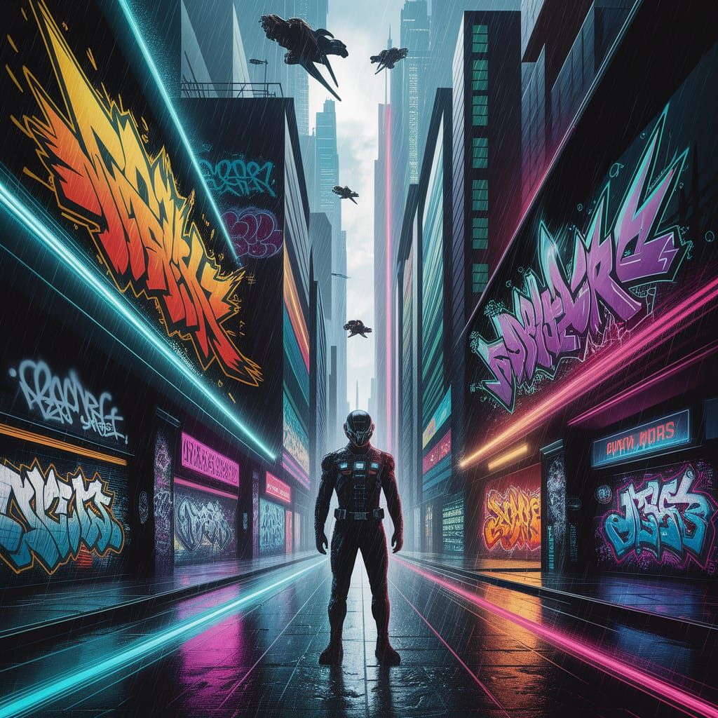Cyberpunk Street Scene with Graffiti and Flying Cars