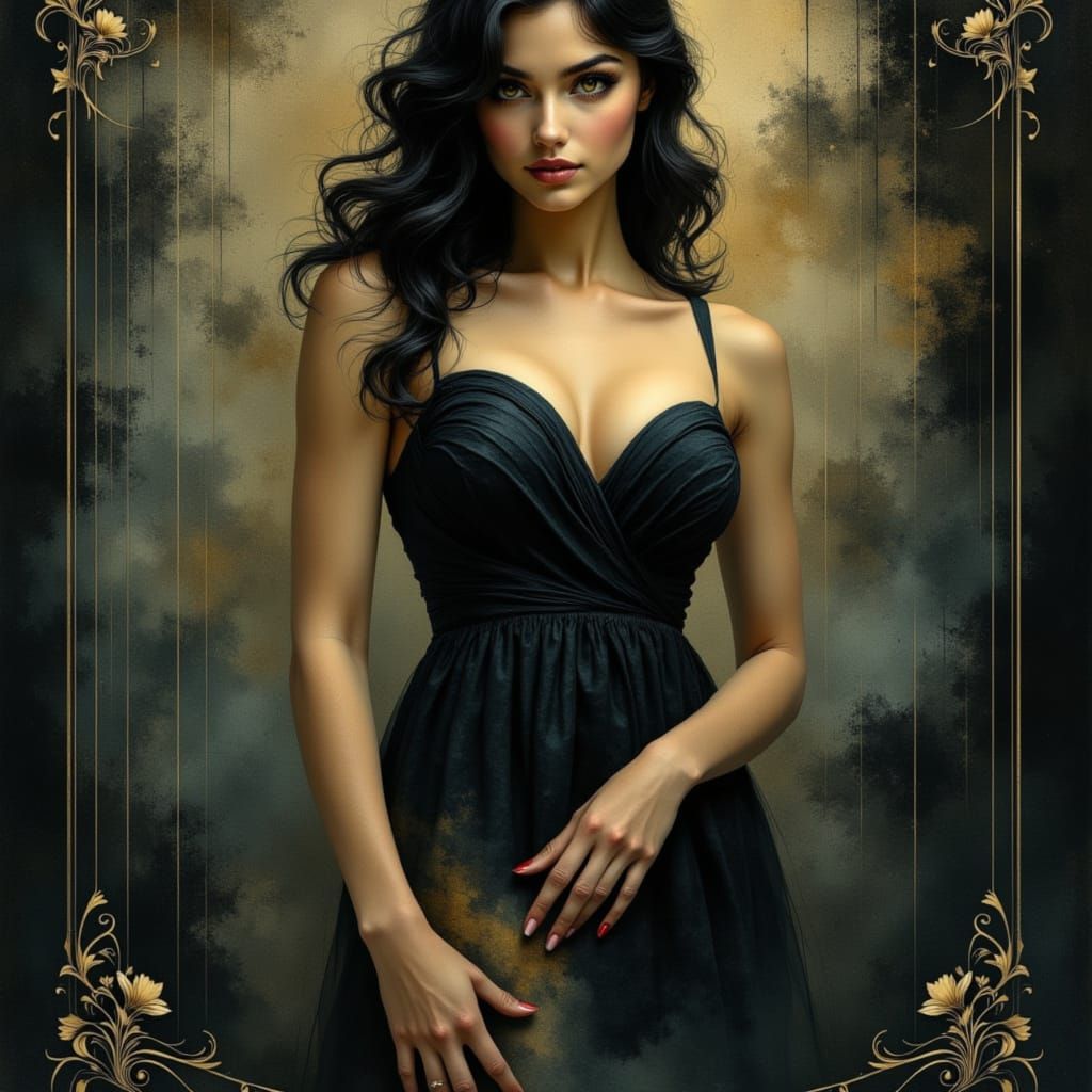 Elegant Woman in Ink and Watercolor Art Nouveau