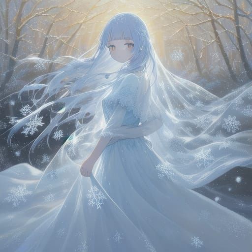 Ethereal Woman in Sheer Dress in Snowy Landscape