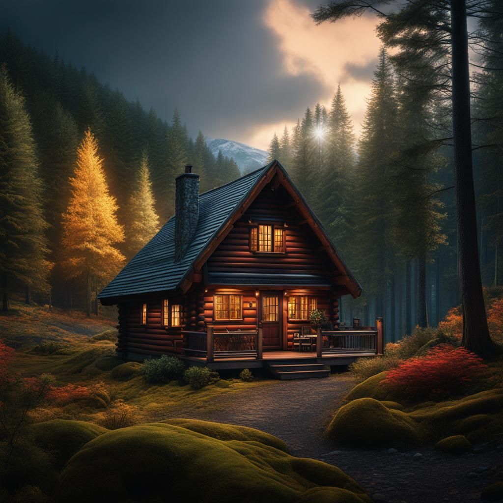 Cozy Cabin in the Woods: Hyperrealistic Detail