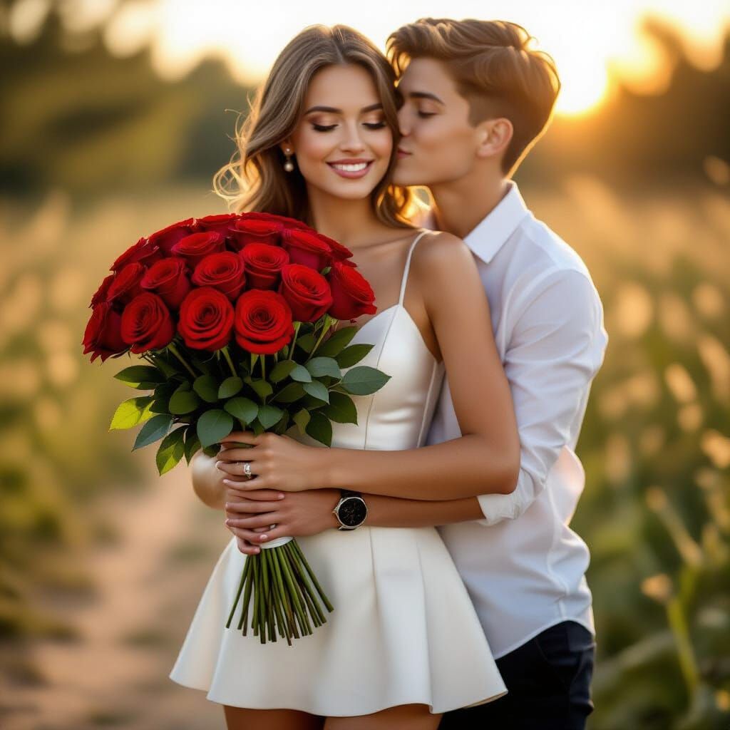 Romantic Kiss with Roses in Golden Hour Light