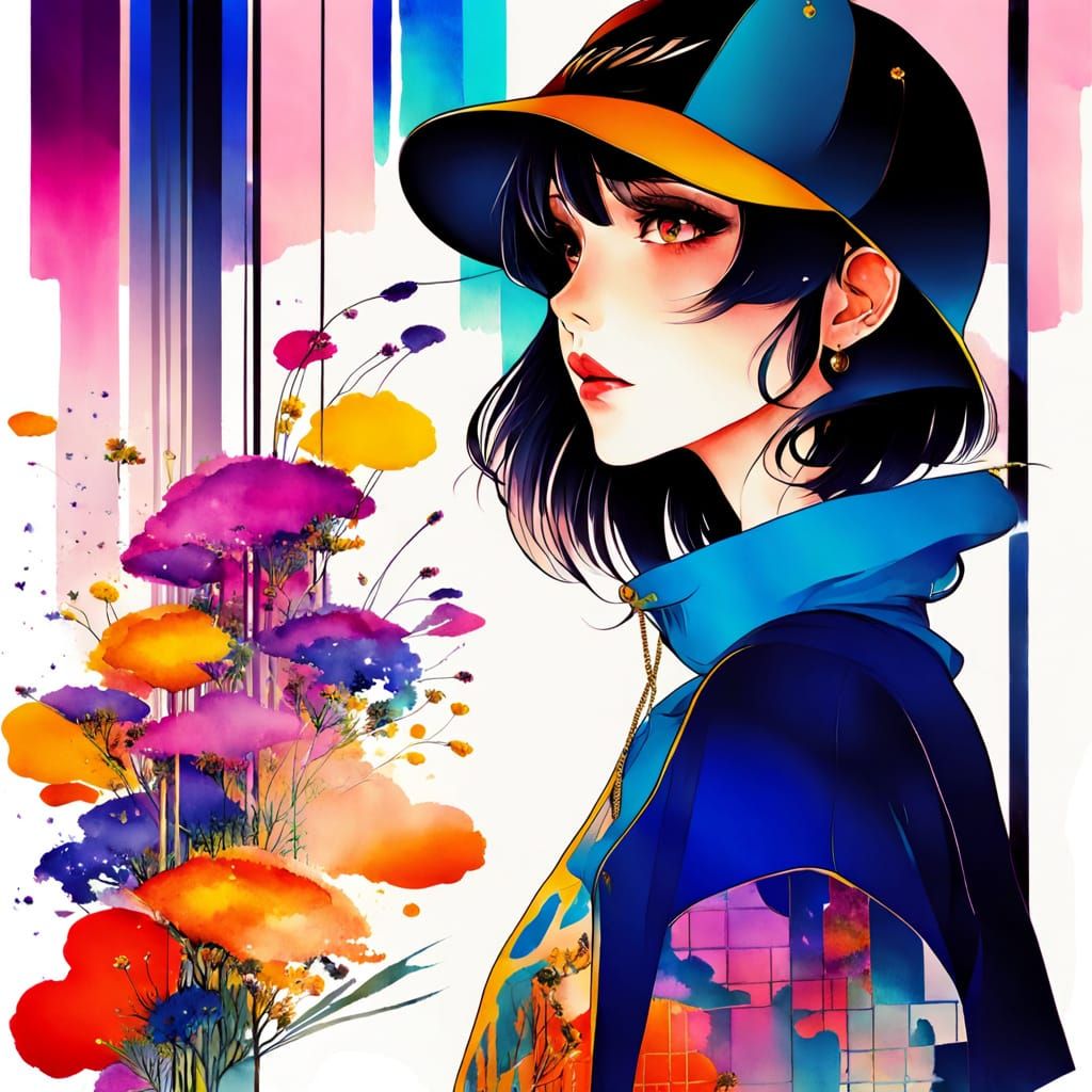 Ethereal Vaporwave Woman on a Swing in Watercolor