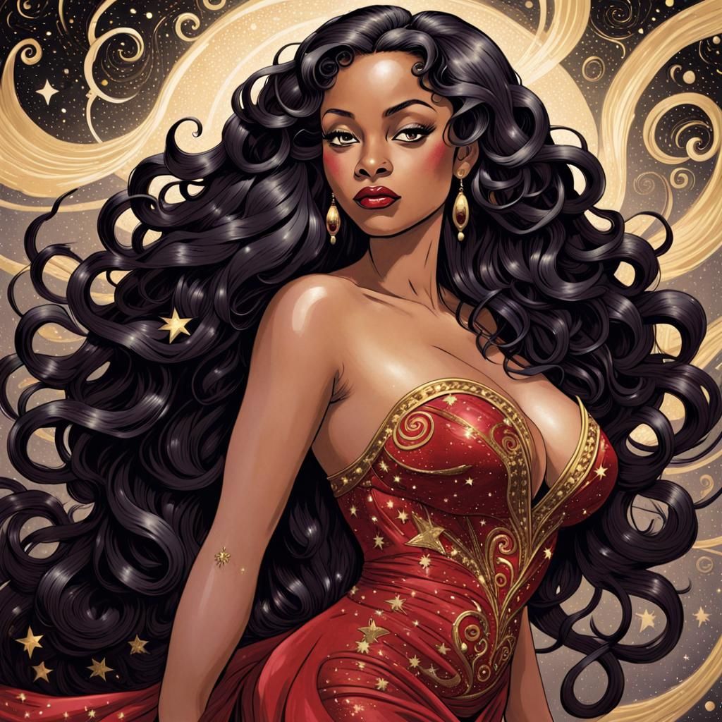 A curvy but slender, cute light skinned black woman with jet black long, hair wearing a ruby red dress