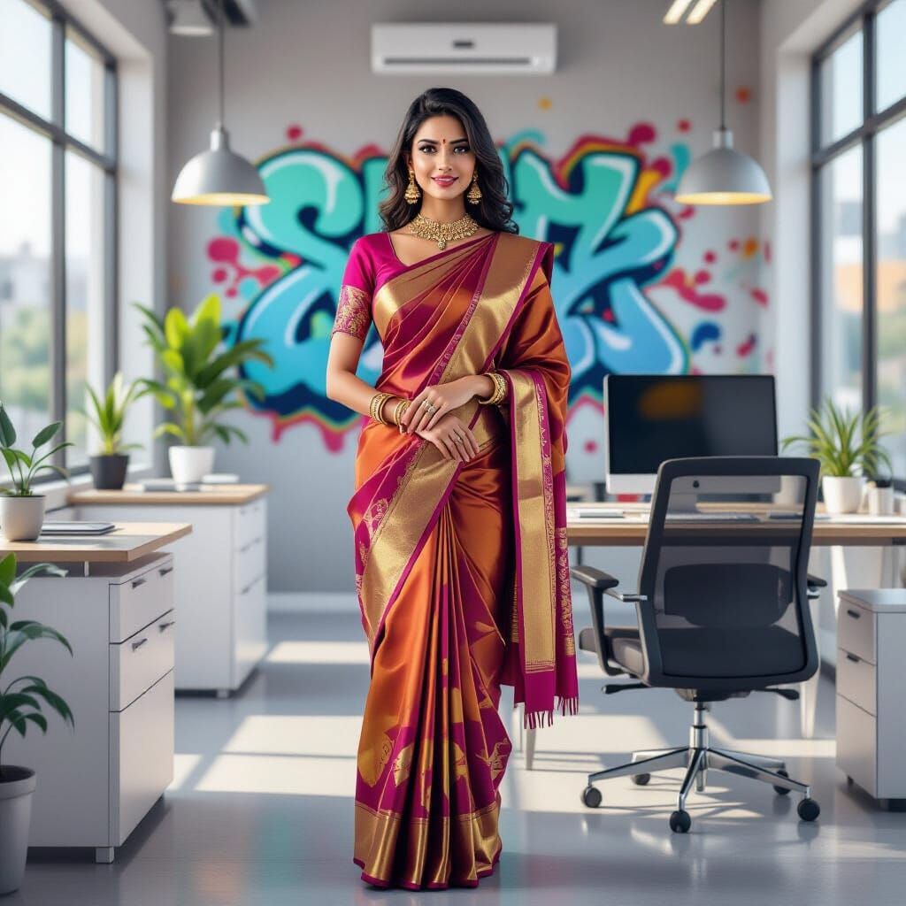 Woman in Saree Working in Modern Office