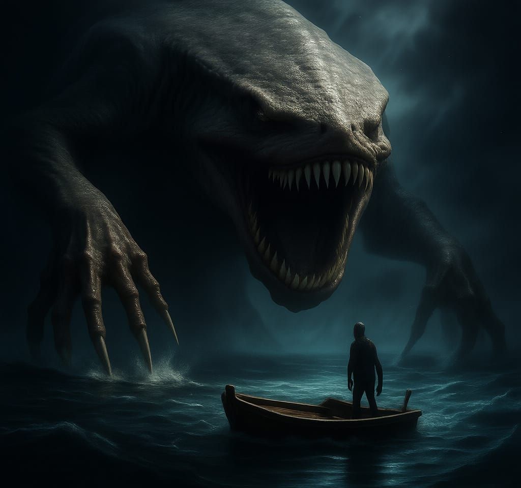 Giant Grotesque Humanoid Swims Towards Tiny Boat