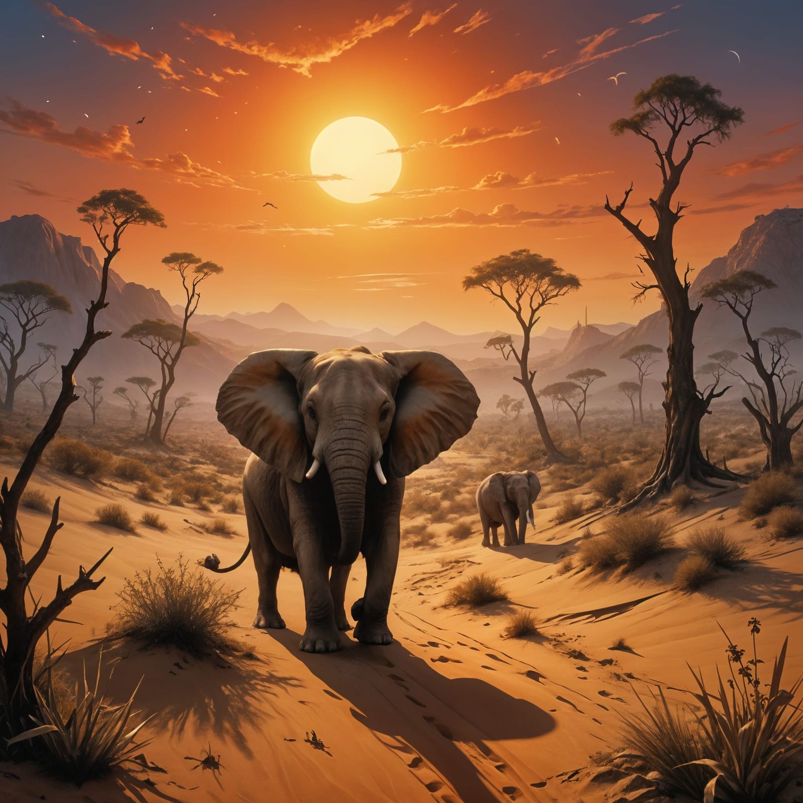 Peaceful Desert Oasis with Elephant and Tropical Wildlife