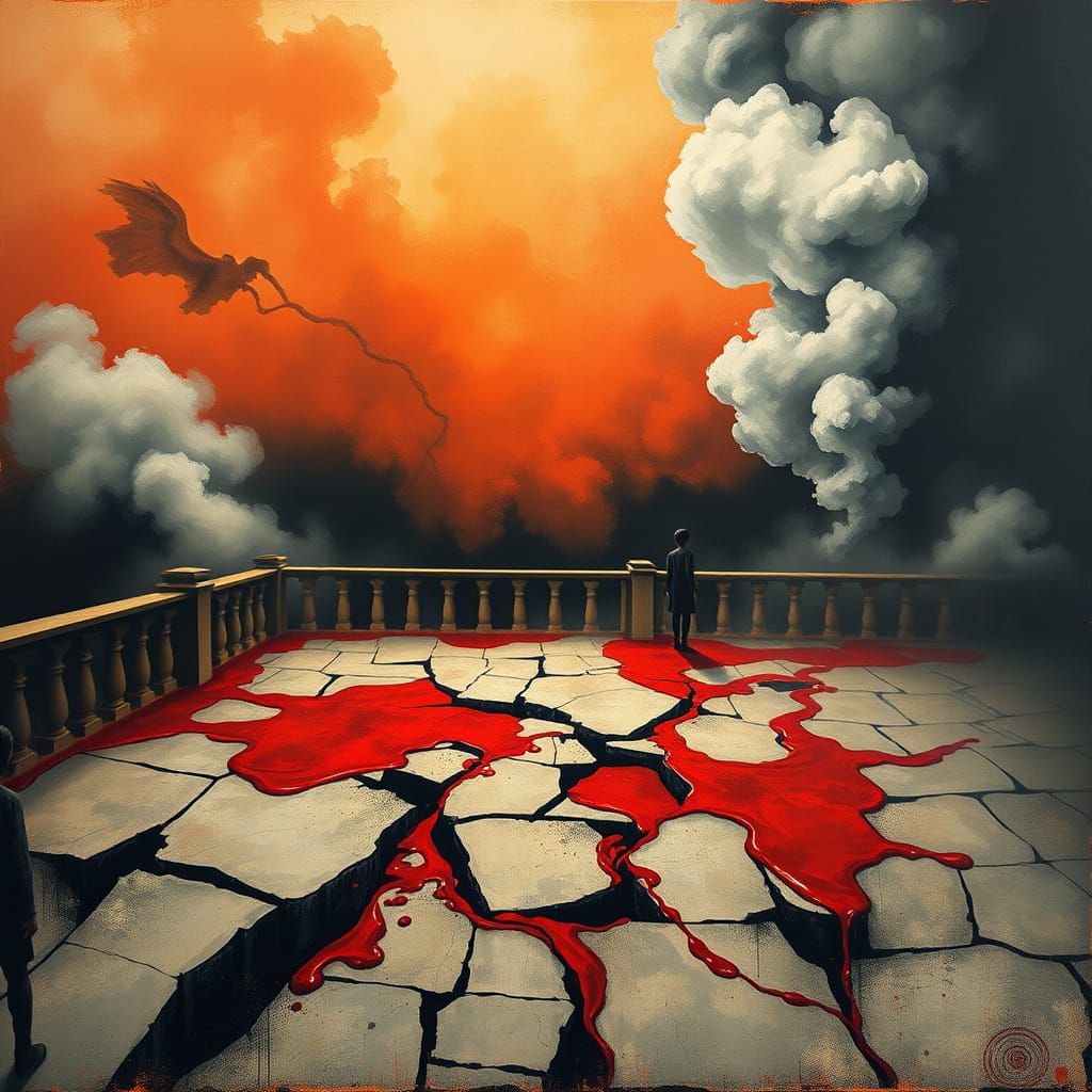 Surreal Terrace Crack with Figures, in Abstract Style