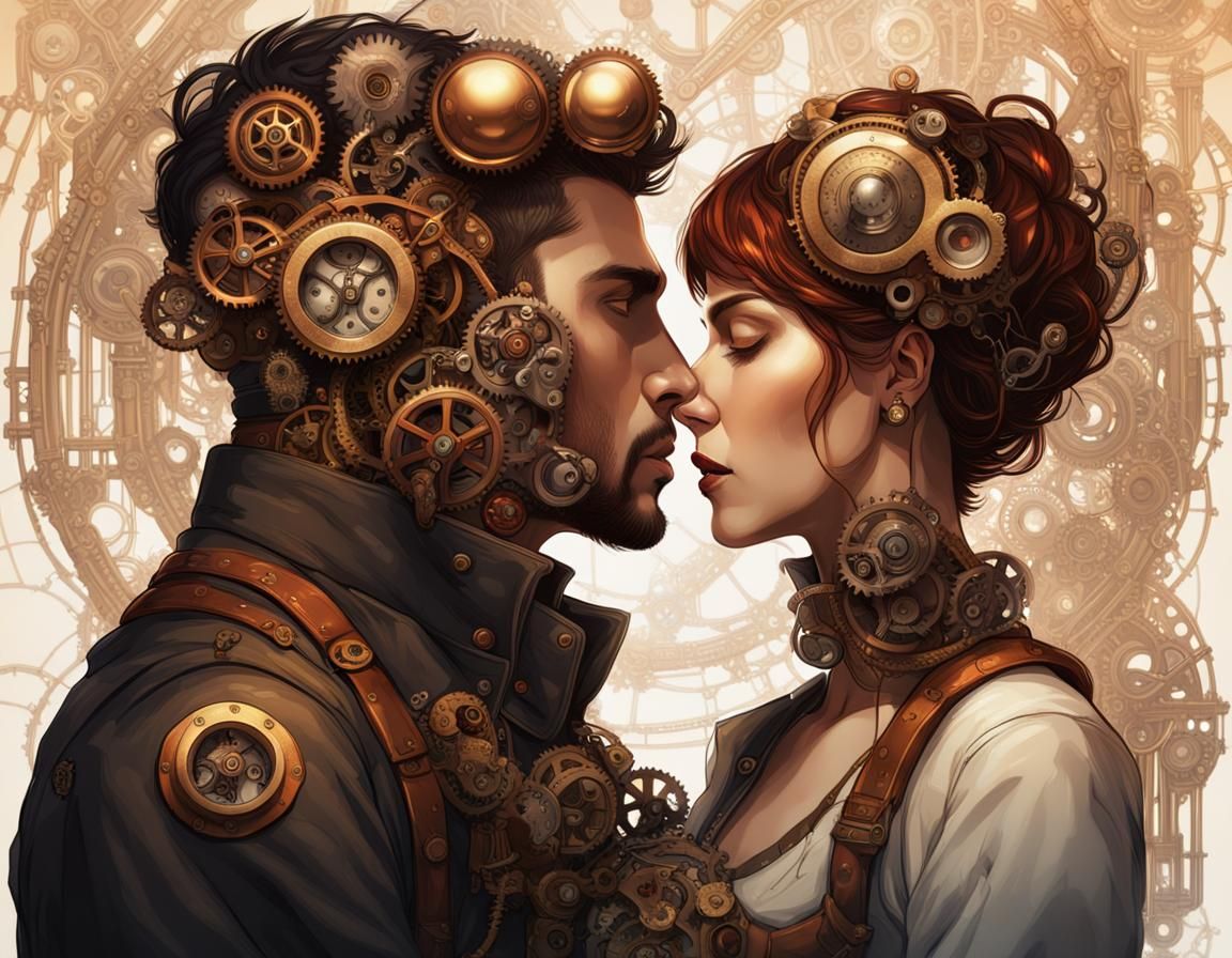 Steampunk Romance: Clockwork Embrace in Digital Art