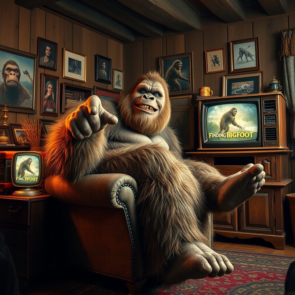 Hairy Bigfoot Relaxing in a Vintage Living Room
