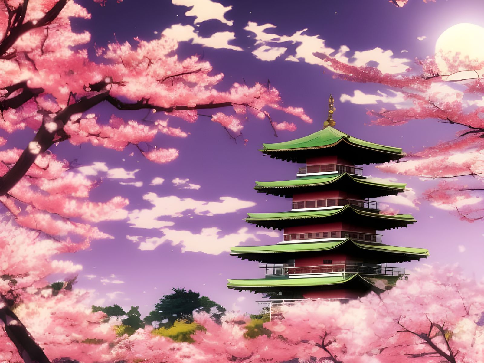Temple in Sakura Forest under Moon, in Anime Style
