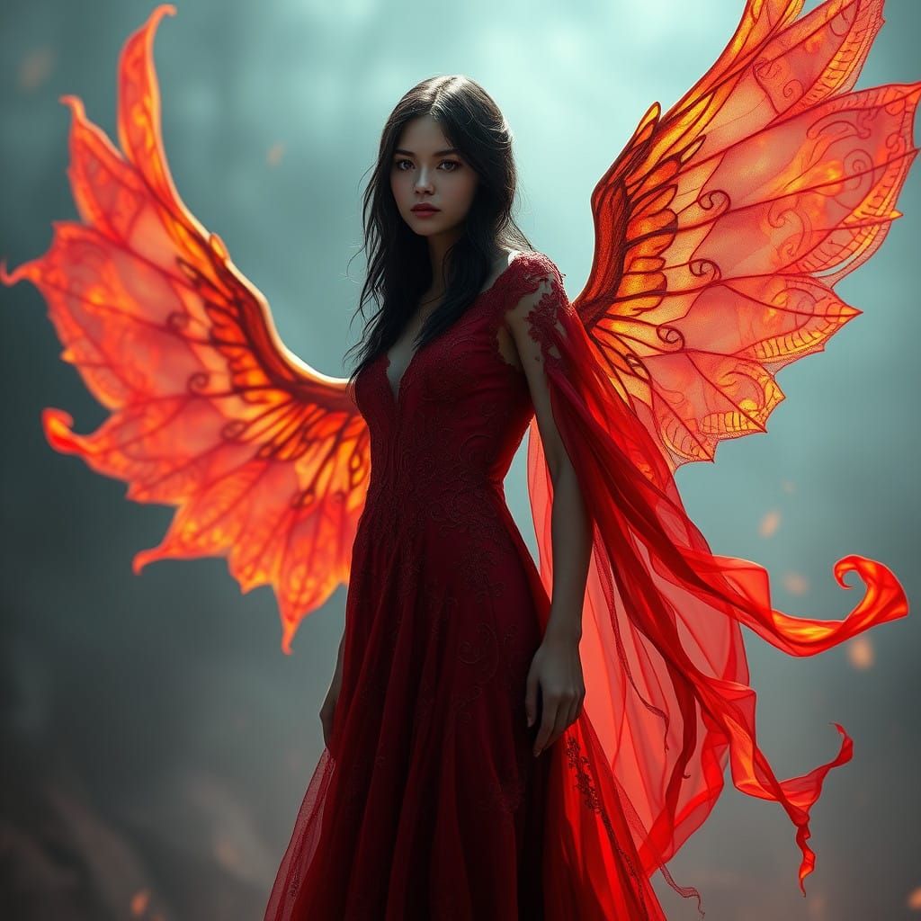 Enchanted Fantasy Goddess in Fiery Wingsuit