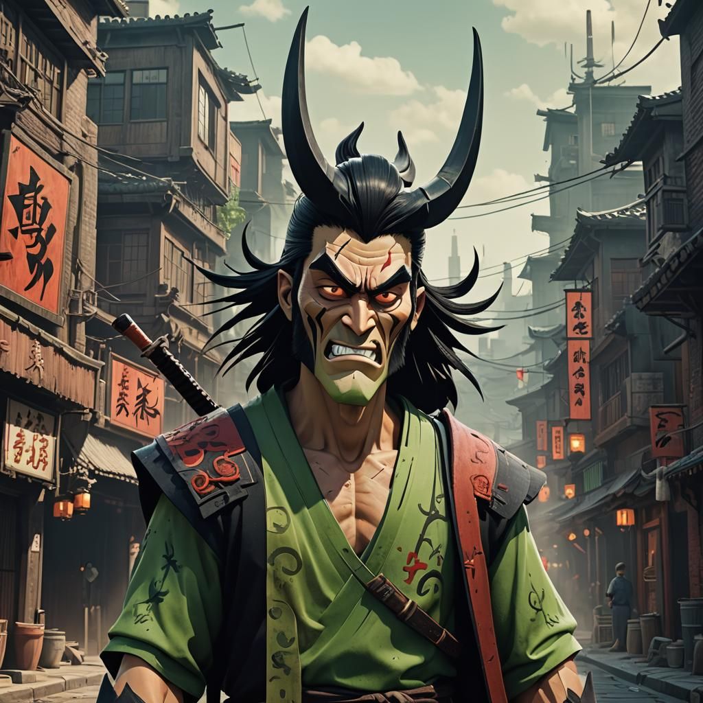 Samurai Jack Portrait with Aku in City Alley