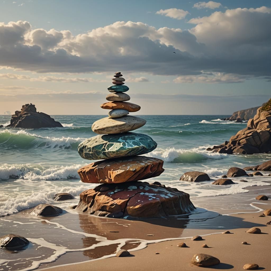 Balanced Rocks on Beach: Hyperrealistic Concept Art