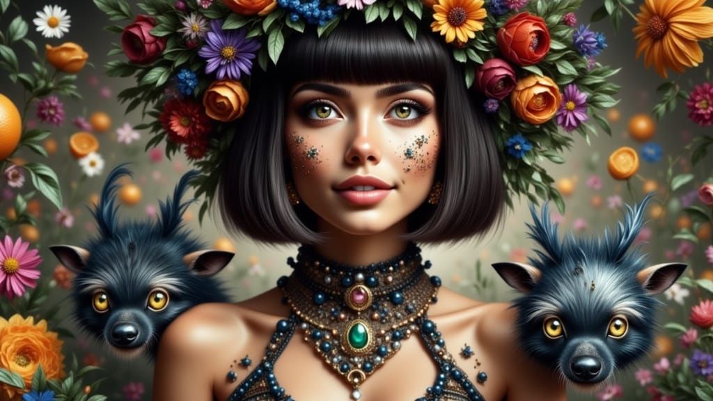 Loxy in Floral Crown with Oranges, Whimsical Style