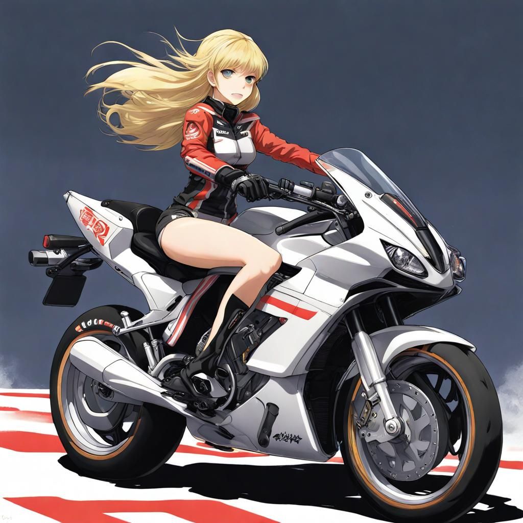 Blonde Woman Rides Superbike in Anime Style