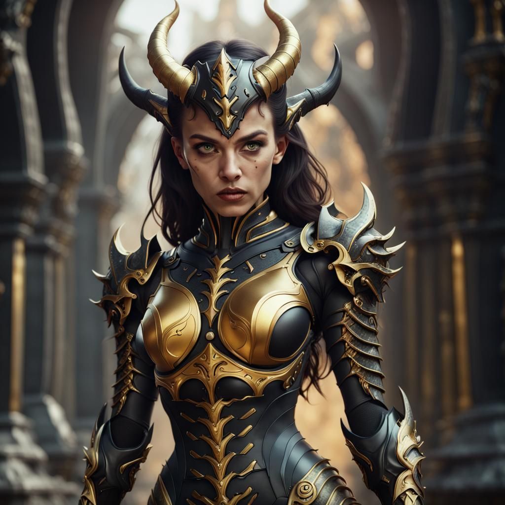 Demonic She-Devil in Black and Gold Armor
